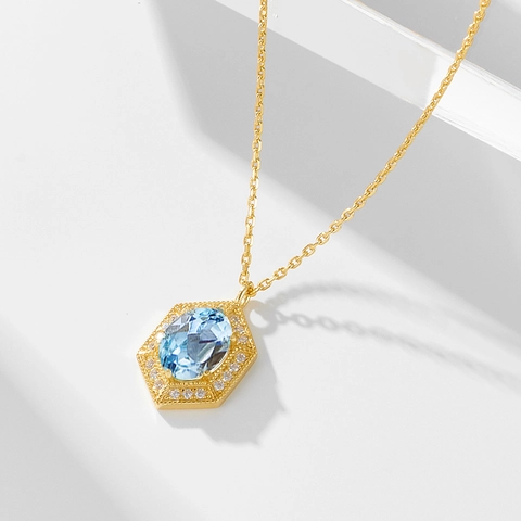 925 Sterling Silver Sky Blue Topaz Necklace Gold Plated Hexagon Pendant Rhinestone Inlaid Niche Design Women Jewelry