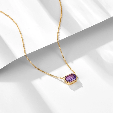 Collar de Plata de Ley 925 con Amatista para Mujer Elegante Colgante de Piedra Morada Rectangular Chapado en Oro Joyería Minimalista Cadena de Clavícula