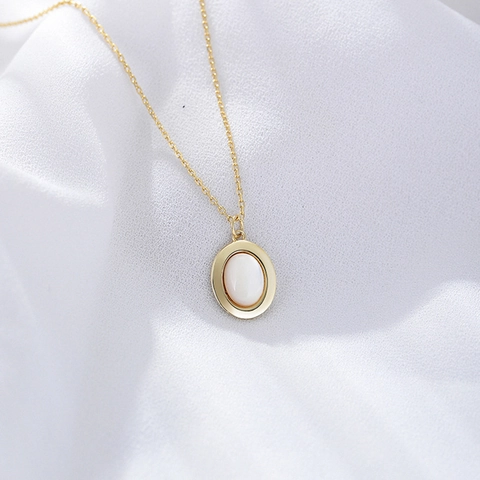 925 Sterlingsilber Halskette Für Damen Oval Natürliche Perlmutt Anhänger Retro Vergoldet Geometrische Mode Schmuck Halskette