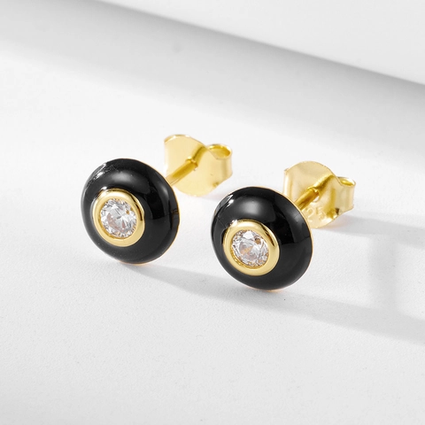 Orecchini a Bottone in Argento Sterling 925 Vintage Tondi con Zirconia per Donna Minimalisti Smalto Nero Design Geometrico
