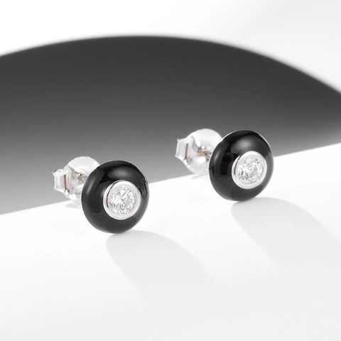 Orecchini a Bottone in Argento Sterling 925 Vintage Tondi con Zirconia per Donna Minimalisti Smalto Nero Design Geometrico
