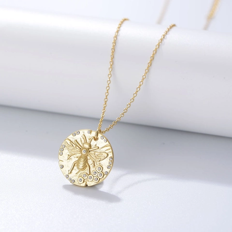 S925 Sterlingsilber Biene Anhänger Halskette Vergoldet Honigwabe Relief Strass Schlüsselbein Kette Schmuck Für Damen