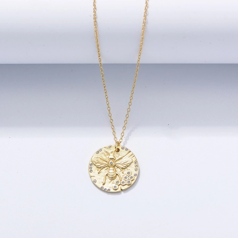 S925 Sterlingsilber Biene Anhänger Halskette Vergoldet Honigwabe Relief Strass Schlüsselbein Kette Schmuck Für Damen