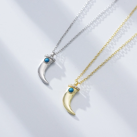 Collana Con Pendente a Corno di Mezzaluna in Argento Sterling 925 Con Intarsio di Turchese e Strass Catena Sottile per Donna