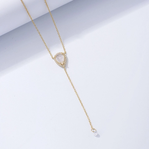 Collana a Y in Argento Sterling 925 con Quarzo Rosa a Goccia d'Acqua Placcata Oro con Nappina Gioielli per Donna