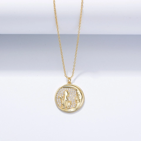 Cat Moon Pendant Necklace 925 Sterling Silver Micro Pave Cubic Zirconia Round Coin Retro Jewelry For Women