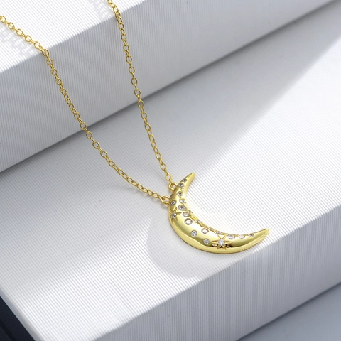 Collana Con Ciondolo Luna E Stella In Argento Sterling 925 Per Donna Con Strass Intarsiati Elegante Gioielli Da Collo Celestial