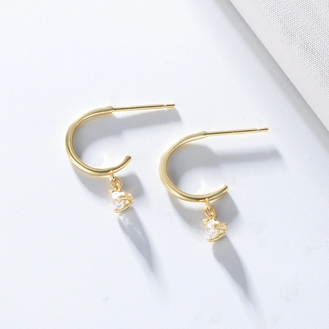 925 Sterling Silver Earring Post Gold Plated Geometric C Shape Drop Earrings Rhinestone Simple Fashion Women Jewelry