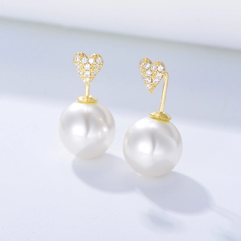 Orecchini a Bottone con Perla a Cuore in Argento Sterling S925 per Donna Semplici Strass Intarsiati Eleganti Gioielli in Perla Artificiale