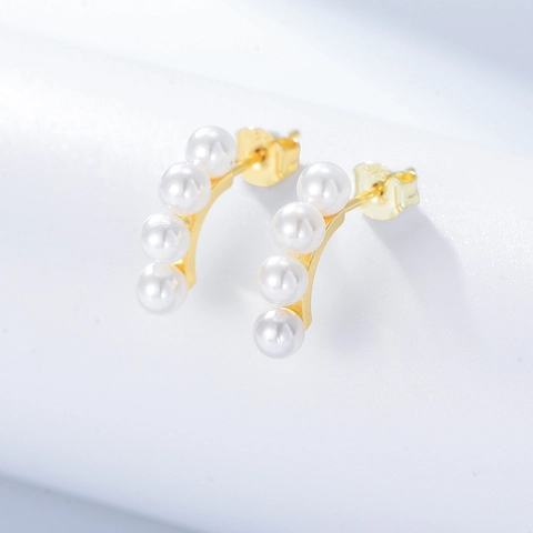 925 Sterling Silver Gold Plated Artificial Pearl Stud Earrings For Women Simple Elegant Vertical 4 Pearls Inlaid Ear Jewelry Wedding Party Gift