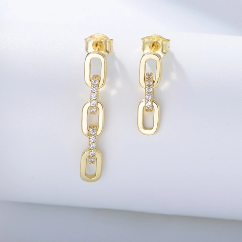Orecchini a Catena Punk Asimmetrici in Argento Sterling 925 Placcati Oro con Zirconia Intarsiata Stile Retro per Donna