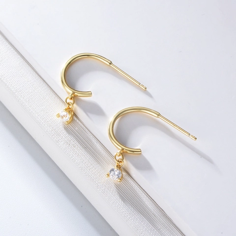 925 Sterling Silver Earring Post Gold Plated Geometric C Shape Drop Earrings Rhinestone Simple Fashion Women Jewelry