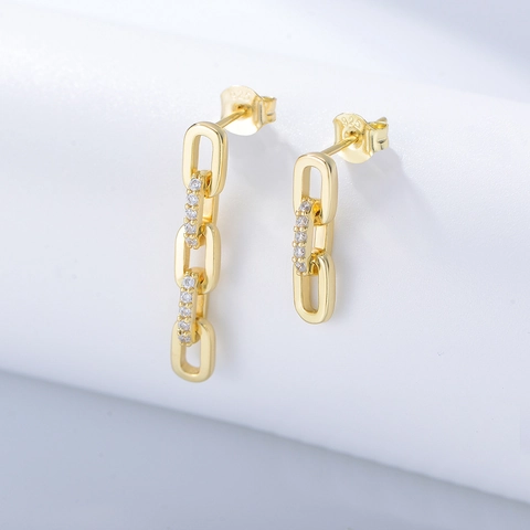 Orecchini a Catena Punk Asimmetrici in Argento Sterling 925 Placcati Oro con Zirconia Intarsiata Stile Retro per Donna
