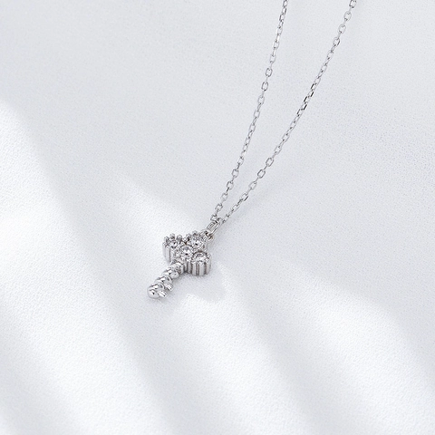 Collana con Pendente a Chiave in Argento Sterling S925 per Donna Lussuosa Catena per Clavicola con Chiave a Corona con Strass