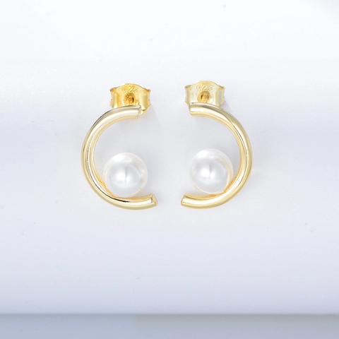 Pendientes de Aro de Perla en Forma de C de Plata de Ley 925 Dorado Minimalista Geométrico Perla Artificial Joyería Mujer