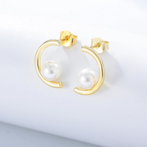 Pendientes de Aro de Perla en Forma de C de Plata de Ley 925 Dorado Minimalista Geométrico Perla Artificial Joyería Mujer