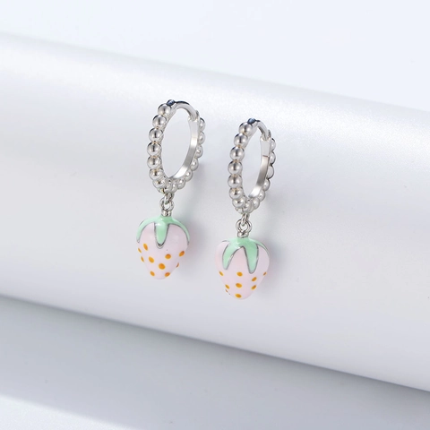 Orecchini a Cerchio in Argento Sterling S925 Con Fragola Rosa Smaltata Per Donna Orecchini Pendenti Frutta Strass Gioielli