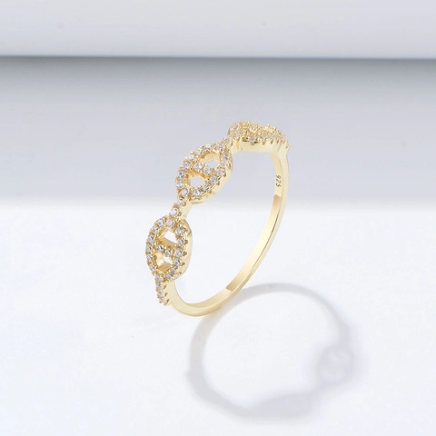 Anillo de Banda en Plata de Ley 925 Con Diamantes de Imitación y Cadena Hueca para Mujer Estilo Nariz de Cerdo Oro Plata
