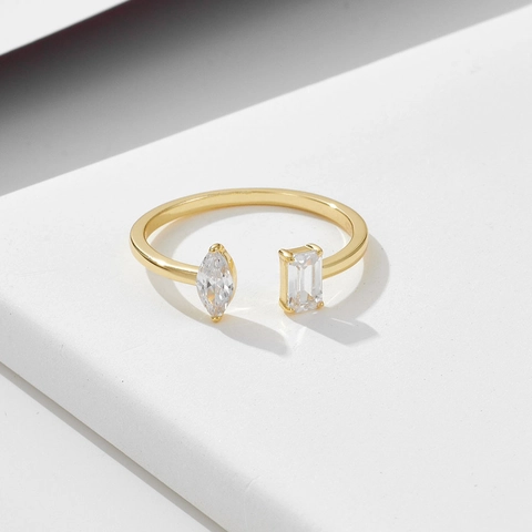925 Sterlingsilber Zirkonia Offener Ring Für Damen Minimalistisch Vergoldet Marquise Smaragdschliff Verstellbarer Modeschmuck Ring