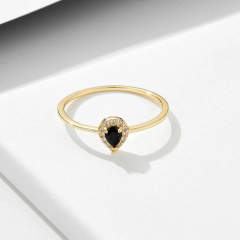 Elegant Pear Cut Black Zirconia Ring 925 Sterling Silver Gold Plated Halo Fashion Jewelry Simple Finger Ring For Women Gift
