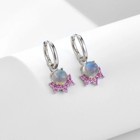 925 Sterling Silver Natural Labradorite Hoop Drop Earrings For Women Vintage Rhinestone Inlaid Bohemian Style Jewelry Gift