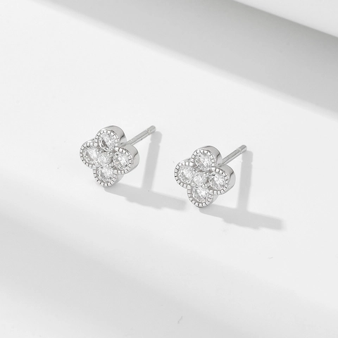 925 Sterling Silver Four-Leaf Clover Stud Earrings For Women Exquisite Zirconia Inlaid Minimalist Milgrain Jewelry Gold Silver