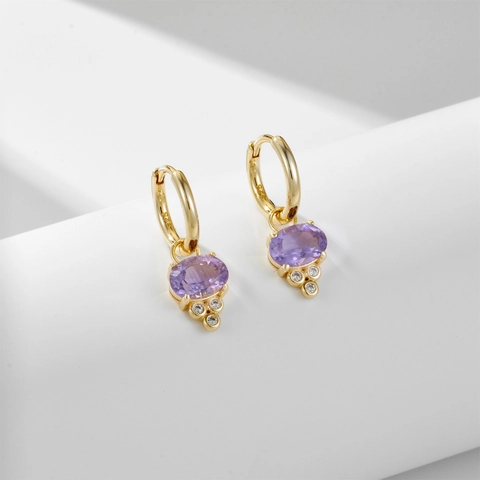Orecchini Pendenti in Argento Sterling 925 con Ametista per Donna Orecchini a Cerchio con Pietra Viola Ovale e Strass Regalo Gioielli