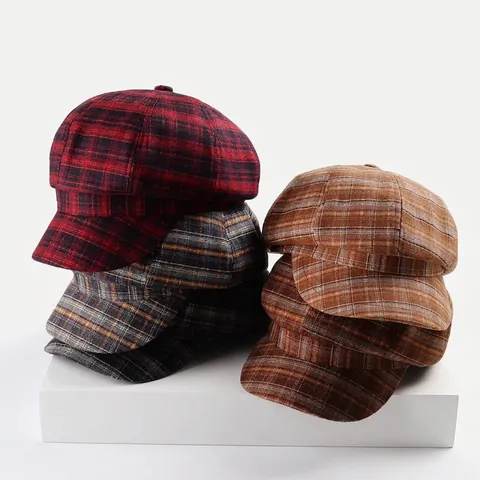 Women Vintage Plaid Octagonal Hat Retro British Newsboy Cap Classic Checked Beret Acrylic Autumn Winter Fashion Accessory