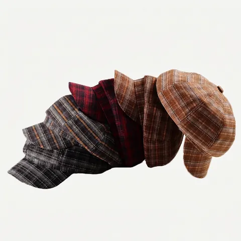 Women Vintage Plaid Octagonal Hat Retro British Newsboy Cap Classic Checked Beret Acrylic Autumn Winter Fashion Accessory