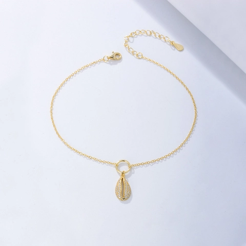 Tobillera con Colgante de Concha de Plata de Ley S925 para Mujer Cadena de Pie con Pavé de Diamantes de Imitación Joyería de Playa Ajustable
