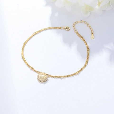 925 Sterlingsilber Muschel Anhänger Fußkettchen Für Damen Mädchen Strass Doppelschichtig Verstellbar Strand Fußschmuck