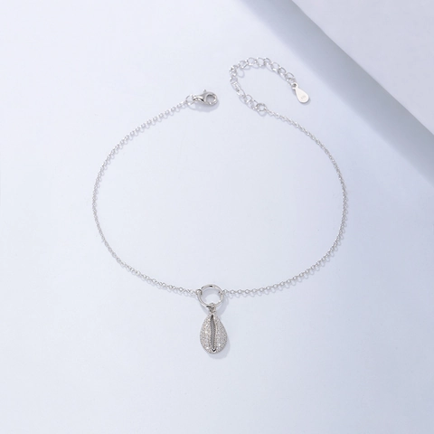 Tobillera con Colgante de Concha de Plata de Ley S925 para Mujer Cadena de Pie con Pavé de Diamantes de Imitación Joyería de Playa Ajustable