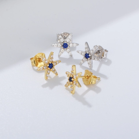 Orecchini a Bottone a Stella in Argento Sterling 925 Con Strass Intarsiati Pietra Centrale Blu Gioielli Classici per Donna