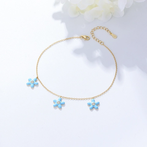 Cavigliera in Argento Sterling 925 Bohémien Stella Marina Fiore per Donna Ragazze Smalto Blu Chiaro Strass Gioielli da Piedi Spiaggia