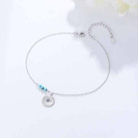 S925 Sterling Zilver Boze Oog Turkoois Strass Enkelbandje Voor Vrouwen Boheemse Strand Sieraden Verstelbare Goud Zilveren Voetketting