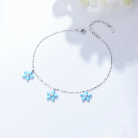 Cavigliera in Argento Sterling 925 Bohémien Stella Marina Fiore per Donna Ragazze Smalto Blu Chiaro Strass Gioielli da Piedi Spiaggia