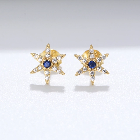 Orecchini a Bottone a Stella in Argento Sterling 925 Con Strass Intarsiati Pietra Centrale Blu Gioielli Classici per Donna