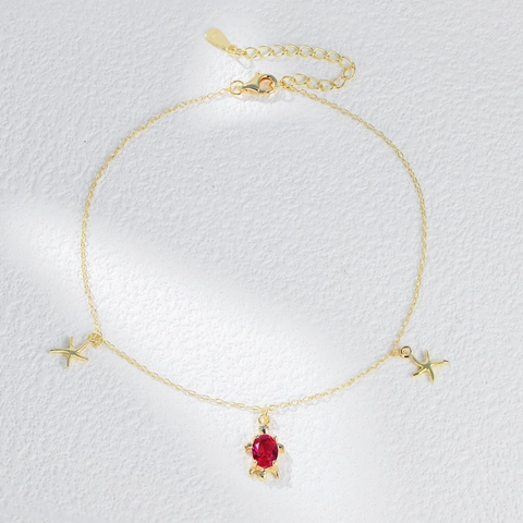 925 Sterling Zilveren Zeeschildpad Zeester Enkelbandje Voor Vrouwen Boho Oceaanstijl Rode Strass Verstelbare Voetketting Sieraden