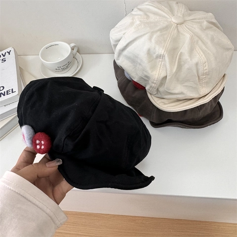 Women Vintage Japanese Style Octagonal Beret Hat Large Head Circumference Felt Button Asymmetric Artist Newsboy Cap