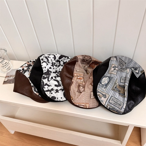 Casquette Plate in Pelle PU Patchwork Vintage Donna Autunno Inverno Berretto Stampa Panda Cappello Reversibile Uomo Accessorio Retrò