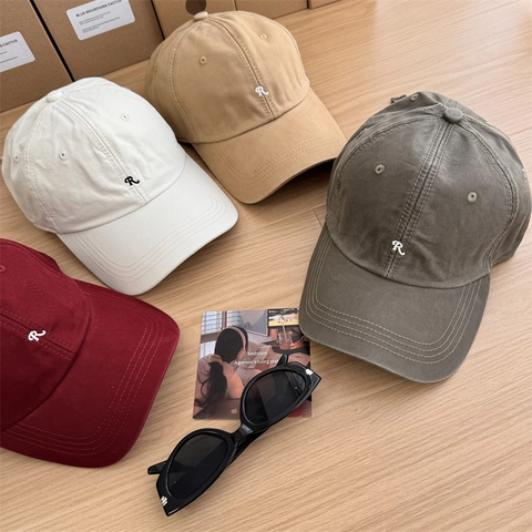Casquette de Baseball Vintage Minimaliste Broderie Lettre R Calotte Souple Réglable Protection Solaire Chapeau en Acrylique