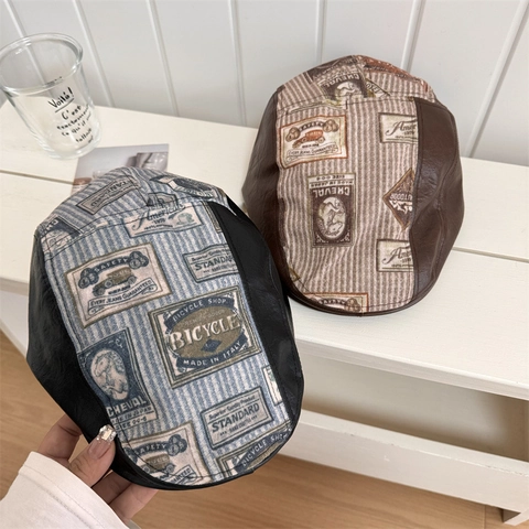 Casquette Plate in Pelle PU Patchwork Vintage Donna Autunno Inverno Berretto Stampa Panda Cappello Reversibile Uomo Accessorio Retrò