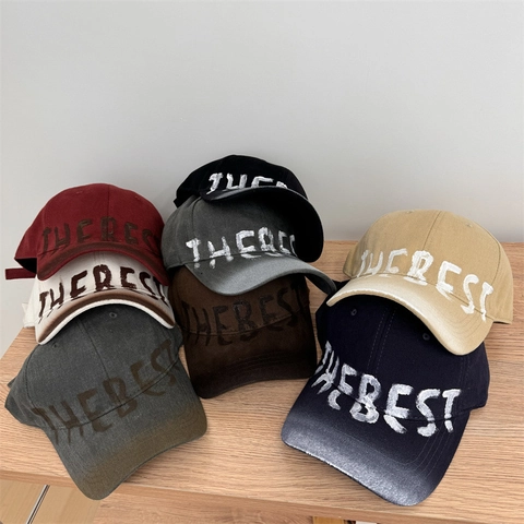 American Vintage Washed Distressed Alphabet Baseball Cap For Women Men Retro Acrylic Sunshade Adjustable Graffiti Print Duck Tongue Hat