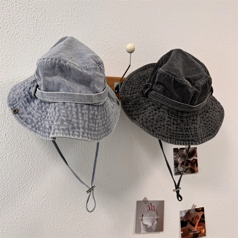 Washed Denim Style Acrylic Bucket Hat With Adjustable Windproof Rope Outdoor Sun Shade Fishing Hat For Men Women