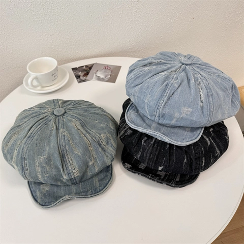 Vintage Acrylic Newsboy Cap For Women Distressed Ripped Denim Style Beret Hat Retro Solid Color Painter Hat For Daily Wear
