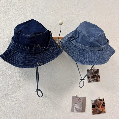 Washed Denim Style Acrylic Bucket Hat With Adjustable Windproof Rope Outdoor Sun Shade Fishing Hat For Men Women