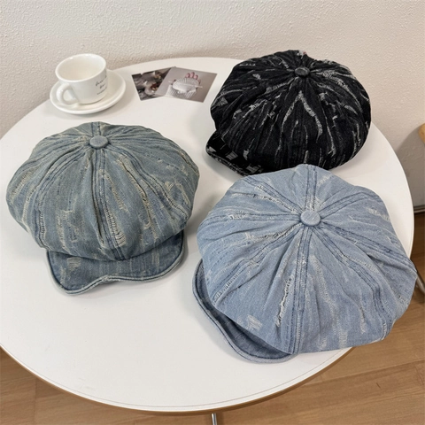 Vintage Acrylic Newsboy Cap For Women Distressed Ripped Denim Style Beret Hat Retro Solid Color Painter Hat For Daily Wear