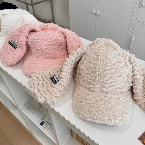 Cute Bunny Ear Plush Baseball Cap Women Autumn Winter Warm Lambswool Faux Fur Adjustable Baseball Hat Sweet Cartoon Cap