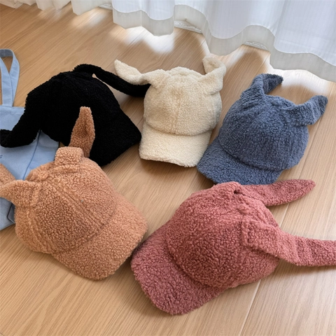 Women's Cute Rabbit Ears Plush Baseball Cap Autumn Winter Warm Lamb Wool Like Acrylic Peaked Hat Versatile Casual Outdoor Cap