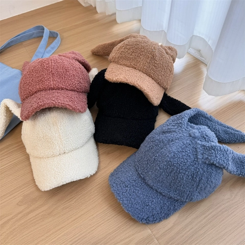 Women's Cute Rabbit Ears Plush Baseball Cap Autumn Winter Warm Lamb Wool Like Acrylic Peaked Hat Versatile Casual Outdoor Cap